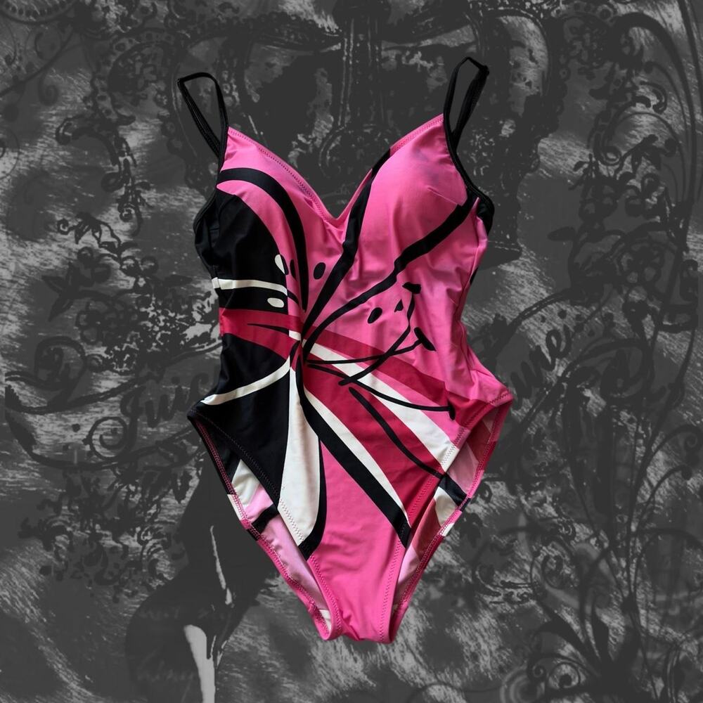 super cunty vivid pink and black floral burst print one piece fairy swimsuit